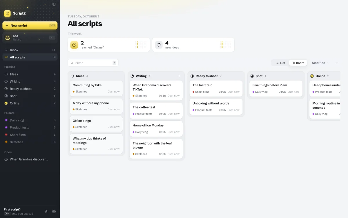 Board view with ideas and scripts in their stages