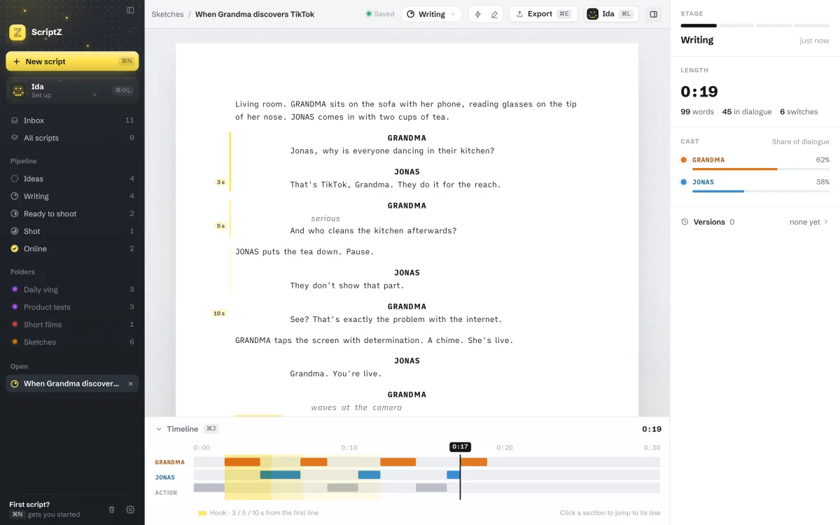 ScriptZ with an open sketch, runtime, cast and timeline